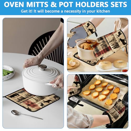 Deer and Bear Oven Mitts and Pot Holders Sets Heat Resistant 4Pcs Wild Animal Potholders Oven Gloves Hot Pads for Kitchen Baking Cooking Grilling BBQ (Deer and Bear)