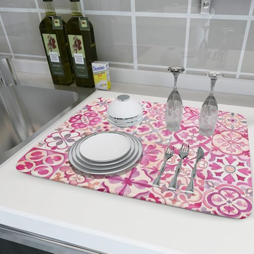 Pink Mexican Tiles Dish Drying Mat Absorbent Microfiber Dish Drying Pad for Kitchen Multi (Mexican Tiles Pink / 24" x 18")