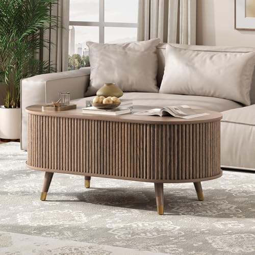 Oval Lift Top Coffee Table with Storage for Living Room (Warm Walnut)