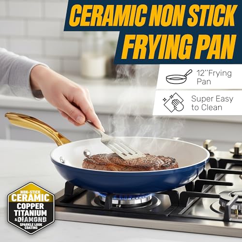 15 Pc Ceramic Pots and Pans Set Non Stick (Navy Cream / 15 Piece Set)