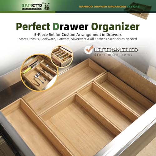 Stackable Bamboo Drawer Organizer Set of 5 for Kitchen (Bamboo (5 Piece Set) / 19.2" L x 13.3" W x 2.2" H)