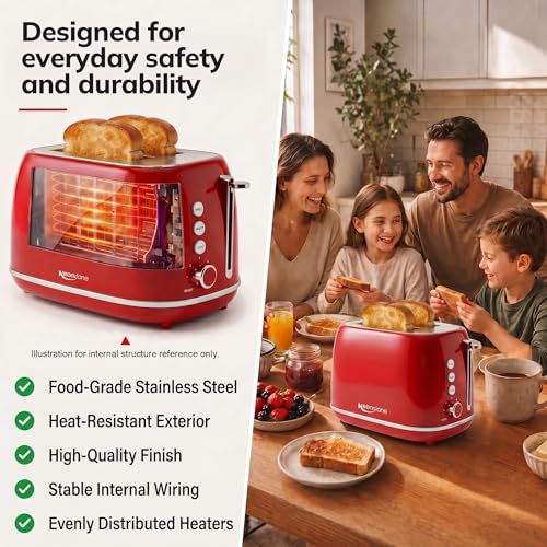 2 Slice Stainless Steel Toaster Retro with 6 Bread Shade Settings (2 Slice / Red)