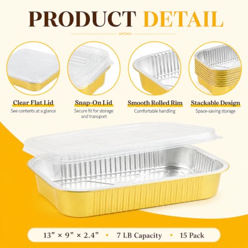 15 Pack Aluminum Pans with Lids Half Size 9x13 Extra Heavy Duty (15 Count)