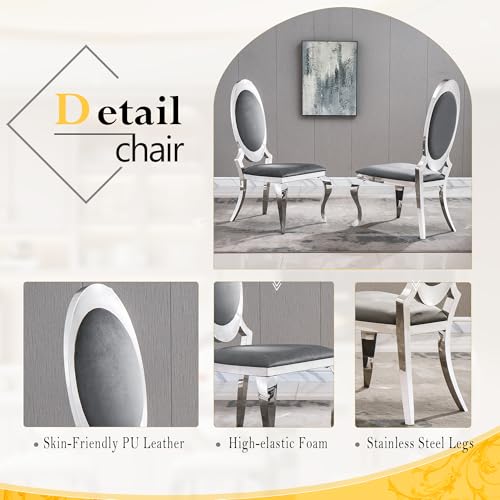 7 Piece Luxury Dining Room Set (Silver White + Grey / Dining Table + 6 Oval Chairs)