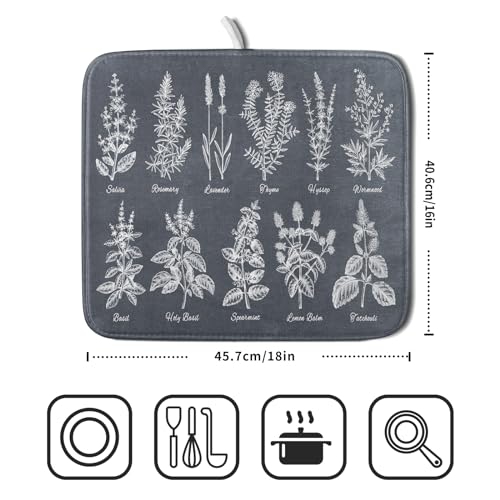 Flower Herbs Dish Drying Mat Wild Plant Dish Rack Mat with Hanging Loop Fast Dry Dish Drainer Pad for Kitchen Counter Sink 16x18 Inch (gray plant collection / 16" x 18")