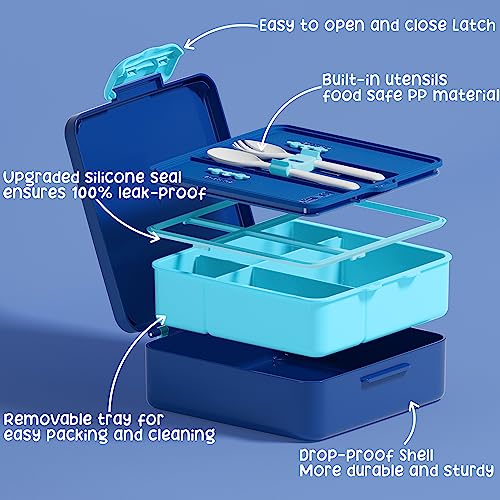 Kids Bento Lunch Box with Toddler Insulated Water Bottle Lunch Bag (A3. Blue Dinosaur)