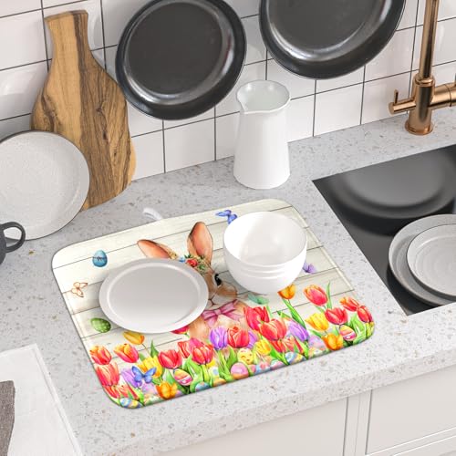 Easter Bunny Dish Drying Mat 16x18 inch Eggs Floral Fast Drying Pad Washable Reversible Microfiber Dish Drainer Mats for Kitchen Counter (Bunny Wood / 16" x 18")