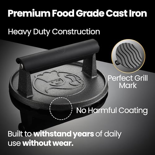 Cast Iron Smash Burger Press with Heat Resistant Handle