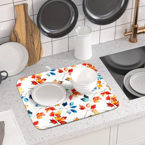 Autumn Leaf Dish Drying Mat Fall Colorful Leaves Absorbent Dish Drain Mats for Kitchen Counter (Autumn Leaf 606 / 18" x 16")