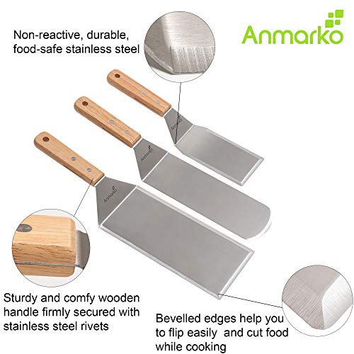 Metal Spatula Set Stainless Steel Hamburger Turner Griddle Flipper Scraper for BBQ Grill Flat Top (Wooden handle set)