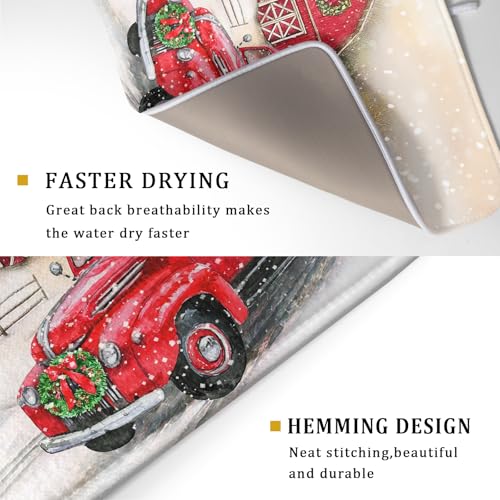 Red Truck Dish Drying Mat Xmas Tree Dish Drainer Rack Mat Winter Microfiber Absorbent Drying Pad for Home Kitchen Counter Decor 18x24 Inch (Xmas Red Truck / 18" x 24")