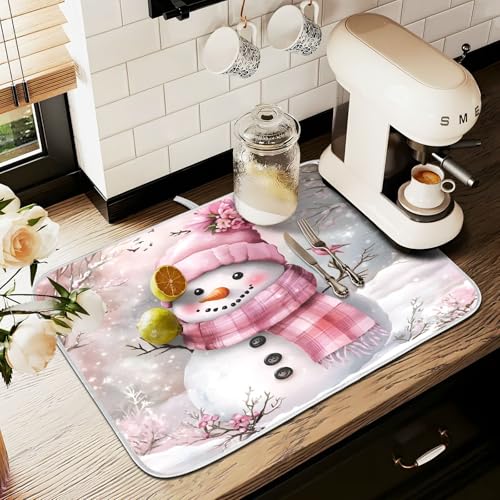 Winter Pink Snowman Dish Drying Mat for Kitchen Counter Absorbent Microfiber Christmas Large Drying Pad Dish mats for Kitchen Countertops 18 x 24 Inch (Christmas Pink Snowman / 24" x 18")
