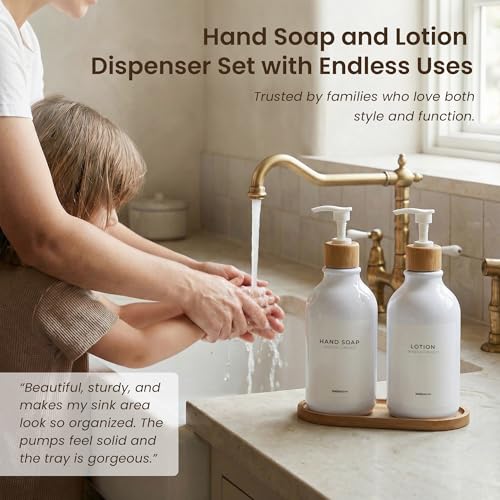Soap Dispenser Bathroom Set of 2 (White Bottles White Pumps)