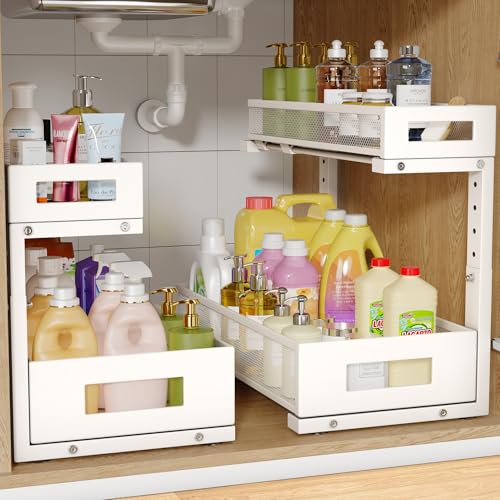 2 Pack 17IN Depth Under Sink Storage Organizer (White / 2 Pack-17"Dx11.4"-16.14"H)