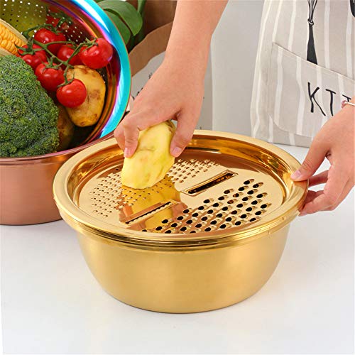 3-In-1 Multifunctional Grater Basin Colander Strainer Set, Mingcheng Stainless Steel Kitchen Drain Basket/Bottom Basin for Washing Rice, Fruits, Vegetable, Grater with Container (Gold) (Gold)