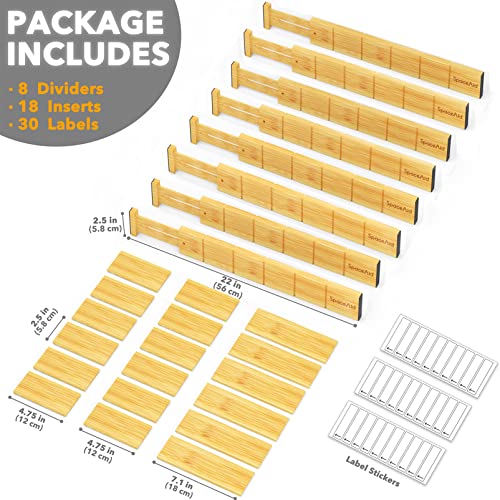 Bamboo Drawer Dividers with Inserts and Labels (17-22 inch)