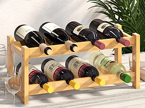 Wine Rack Freestanding 8 Bottle 2 Tier Bamboo Wine Racks Countertop Cabinet Wine Holder Wine Storage Shelf for Kitchen (2-tier-Natural)