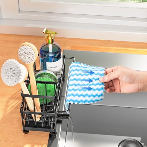 Sponge Holder for Kitchen Sink (Black With Towel Rack - 9.25″)