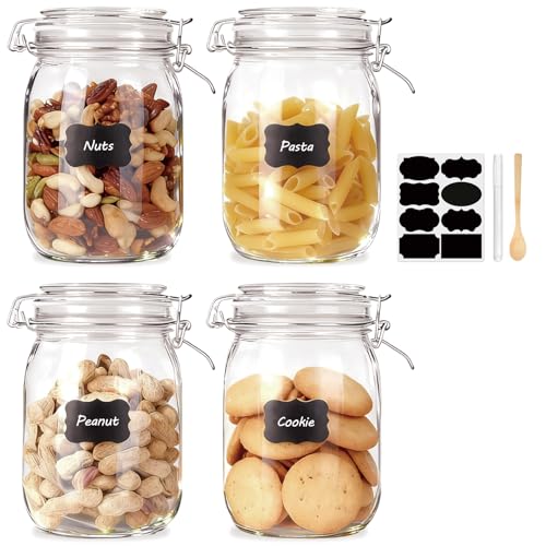 32oz Set of 4 Glass Kitchen Storage Canister Mason Jars with Lids (32oz*4-round)