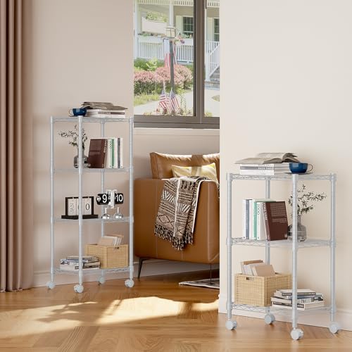 3 Tier Shelf Metal Storage Shelves Wire Rack Closet Organizers with Wheel for Garage Kitchen Bathroom Laundry White 11.8" D x 17.7" W x 29.8" H (3 Count)
