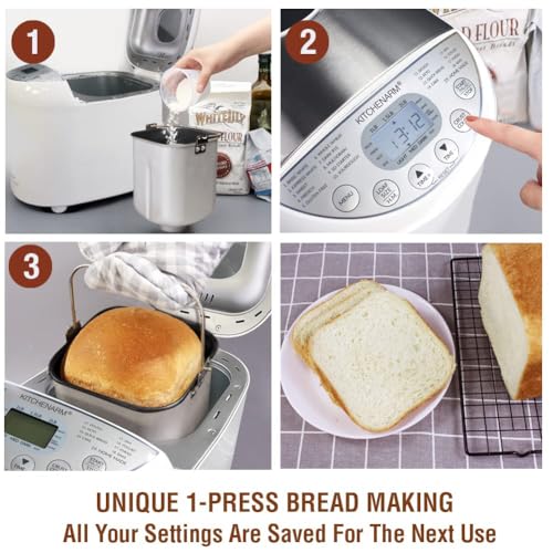 19-in-1 HANDY Bread Machine with Homemade Cycle and Gluten Free Setting - Beginner Friendly 2LB 1.5LB 1LB White Bread Maker Machine with Recipes and Delay Timer (White Body - Stainless Steel Lid & Chamber / 19 Programs - 3 Loaf Sizes - 3 Crust Colors)
