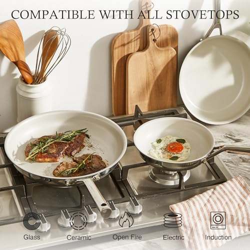 Non Stick Frying Pans Set (Beige White / 8-10-12 Inch)