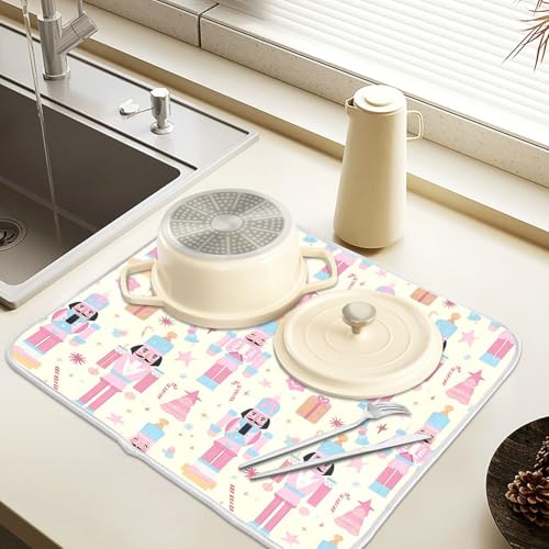 Pink Nutcracker Christmas Dish Drying Mat for Kitchen Counter Absorbent Microfiber Small Drying Pad Dish mats for Kitchen Countertops 16 x 18 Inch (Christmas Nutcracker / 18" x 16")