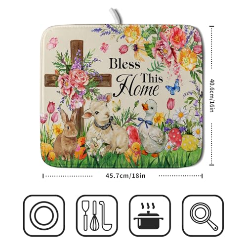 Easter Farmhouse Dish Drying Mat Funny Animal Dish Pad for Kitchen Counter Small 16 X 18 (Colorful Farmhouse Animal / 18" x 16")