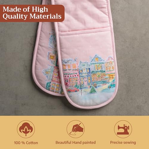 Double Oven Mitts 100% Cotton Double Oven Glove (124 - Christmas Market - Pink / 7" x 35" (Double Oven Mitt))
