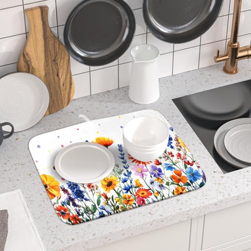 Watercolor Flower Dish Drying Mat 16x18 Inch Floral Butterfly Dish Drainer Protector Pad Washable Reversible Kitchen Counter Dish Dry Pad (Watercolor Flower / 16" x 16")