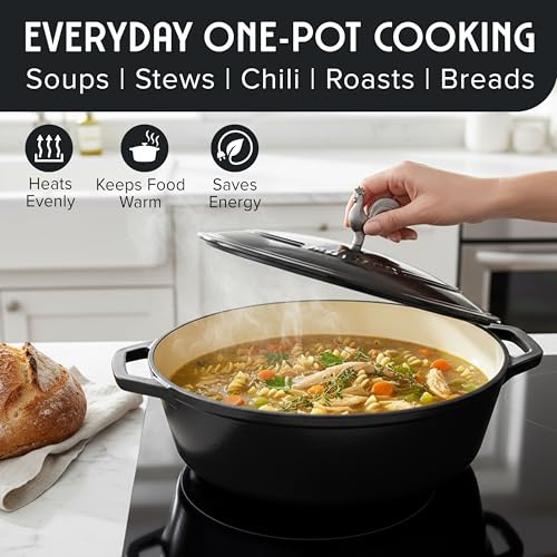 MUELLER HOME 5.5 Quart Enameled Cast Iron Oval Dutch Oven with Rooster Knob & Cotton Potholders (5.5 Quart -Oval / Black)