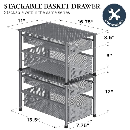 Stackable 2 Tier Sliding Basket Organizer Drawer (2-Tier / Silver)