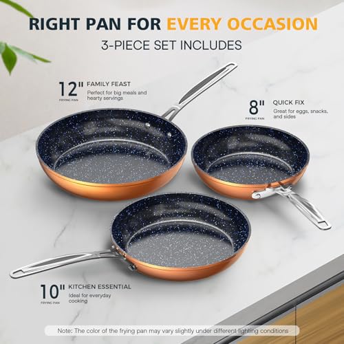 3-Piece 8”, 10”, 12” Forged Lightweight Frying Pan Set, Cozy Blue (3pc Fry Pan Set / Rustic Copper)