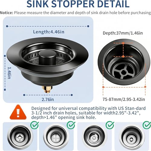 3-in-1 Kitchen Sink Drain Strainer & All-Purpose Sponges, 304 Stainless Steel Sink Stopper Pop-Up Drain Plug with Anti-Clogging Food Catcher Basket, Odor Blocker, Fits US Standard 3-1/2 Inch Sinks (Mattle Black)