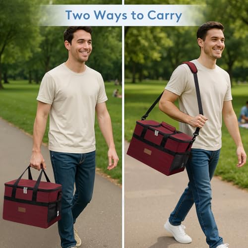 Cooler Bag 50 Cans Collapsible and Insulated Large Lunch Bag Leakproof Soft Cooler Portable for Camping (50-Can(30L) / Burgendy)