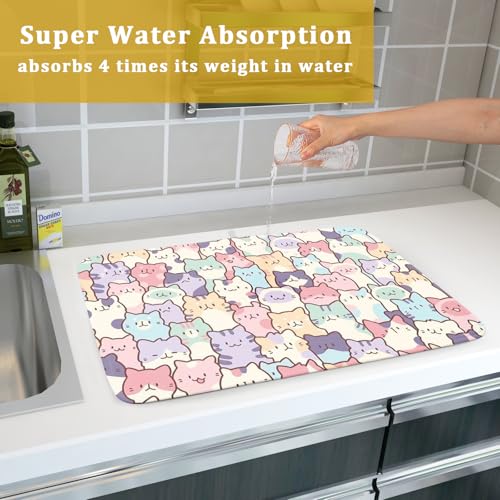 Colorful Cats Dish Drying Mat 18x24 inch Cute Animal Microfiber Reversible Fast Dry Dishes Drainer Rack Pad for Counter Kitchen Table Decor (Colorful Cats / 18" x 24")