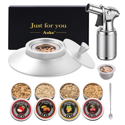 Silver Cocktail Smoker Kit with Torch Metal Bourbon Whiskey Smoker Kits Metal Old Fashioned Drink 4 Wood Chips Valentines Anniversary Birthday Gifts for Men (Silver with Torch)