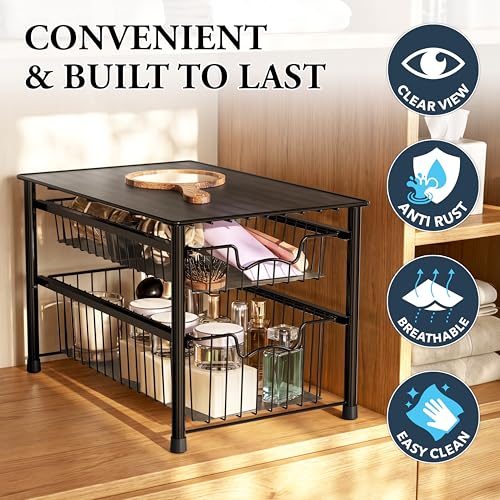 Stackable Sliding Basket Organizer Drawer (2-tier / Black)