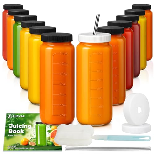 12pack 16oz Glass Juice Bottles with Lids & Straws & Juicing Recipe (Transparent / 16oz-12pack)