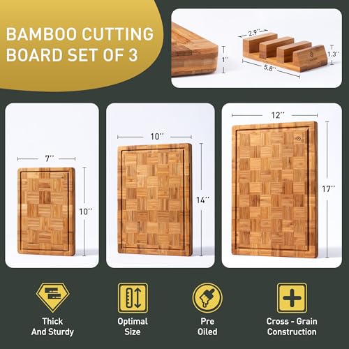 3 Pack Heavy Duty Bamboo Cutting Board Set Non Toxic Wooden Cutting Board for Kitchen Non Slip Solid End Grain Thick Wood Juice Groove Chopping Board Extra Large Butcher Block Best House Warming Gift (Multiple Sizes (Set of 3))