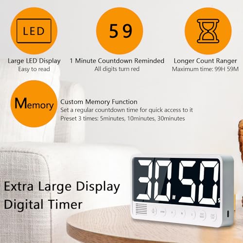 Digital Kitchen Timer with Extra Large Display White