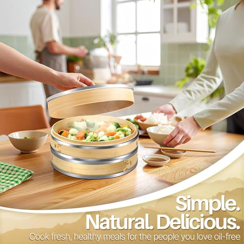 10 Inch Bamboo Steamer Basket Set with Stainless Steel Banding