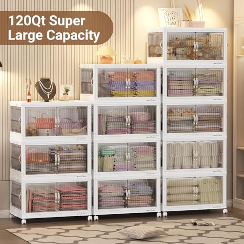 120Gal Stackable Storage Bins with Lids Foldable Boxes (White / 30Gal-4Pack)