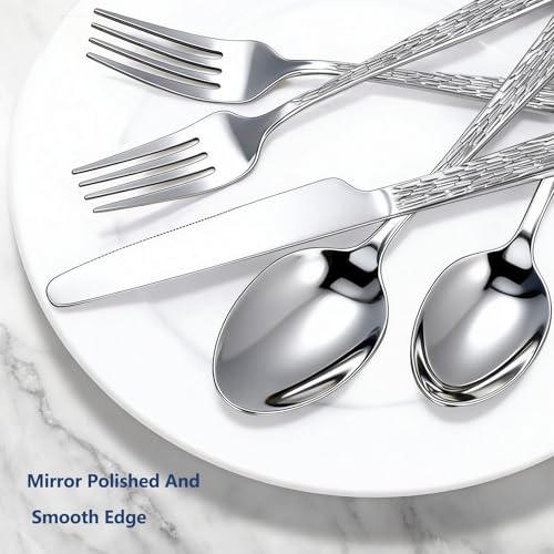 60Piece Hammered Silverware Set (60Pcs Tree Pattern Handles)