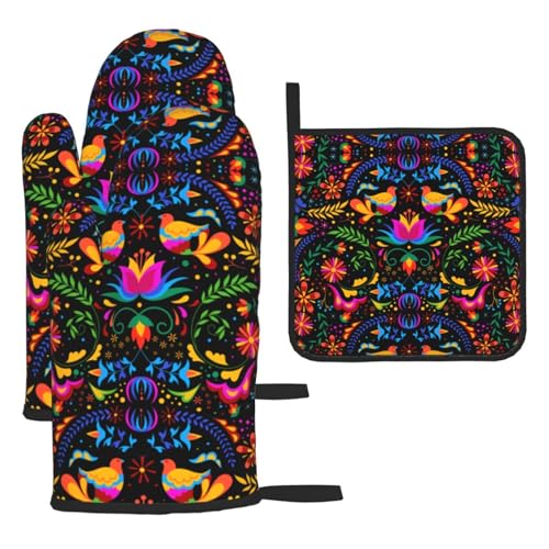 Mexican Floral Oven Mitts and Pot Holders Sets of 3 Colorful Flower (3 Count)
