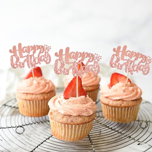 24Pcs Rose Gold Happy Birthday Cupcake Toppers for Baby Shower (24 Count)