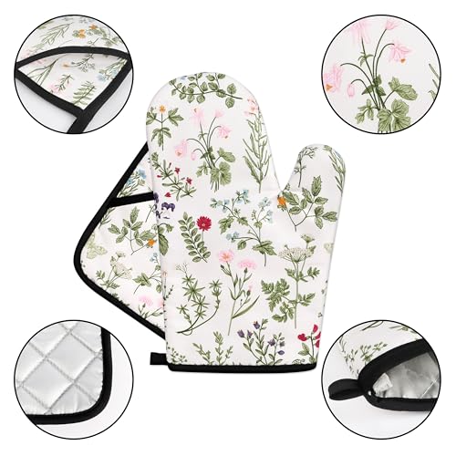 Floral Oven Mitts and Pot Holders Sets Wildflower Oven Gloves Heat Resistant 4 Pcs Pretty Decorative Kitchen Hot Pads and Mitts for Baking Cooking Grilling (White)