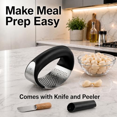 Stainless Steel Garlic Press Rocker Set (Black)