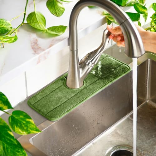Original SINKMAT 15in Faucet Splash Guard Extra Long Microfiber Sink Drip Catcher Mat Non Slip Countertop Protector Drying Pad Kitchen Bathroom RV Machine Washable [Moss Green] (15" x 5.4")