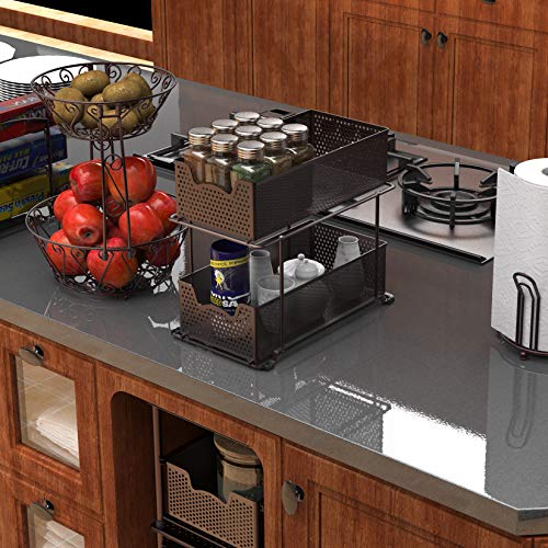 2 Tier Sliding Cabinet Basket Organizer Drawer (Bronze / 1-Pack)